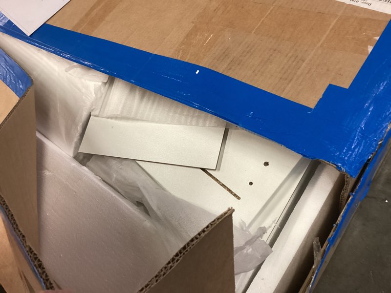 Condition photo showing As Is for Lighted Makeup Vanity Desk, 35.4“W x 15.7'”D x 54“H, White (with Lights and Mirror, Dimming Function, 2 Drawers and 1 Cabiniet, Open Shelves) by Boahaus