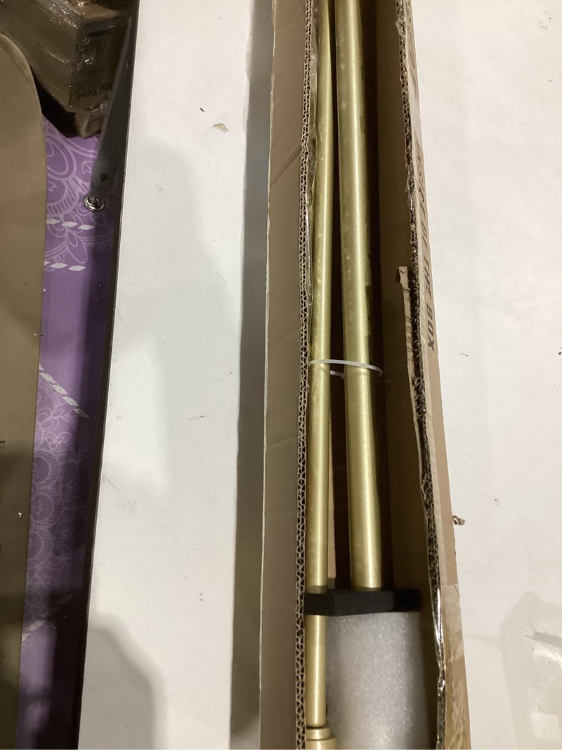 Condition photo showing Good Condition for heavy duty double curtain rods with cylindrical cap finials - 36 to 72' telescoping rods, 1 inch and 5/8 inch diameter, light gold light gold 36-72"