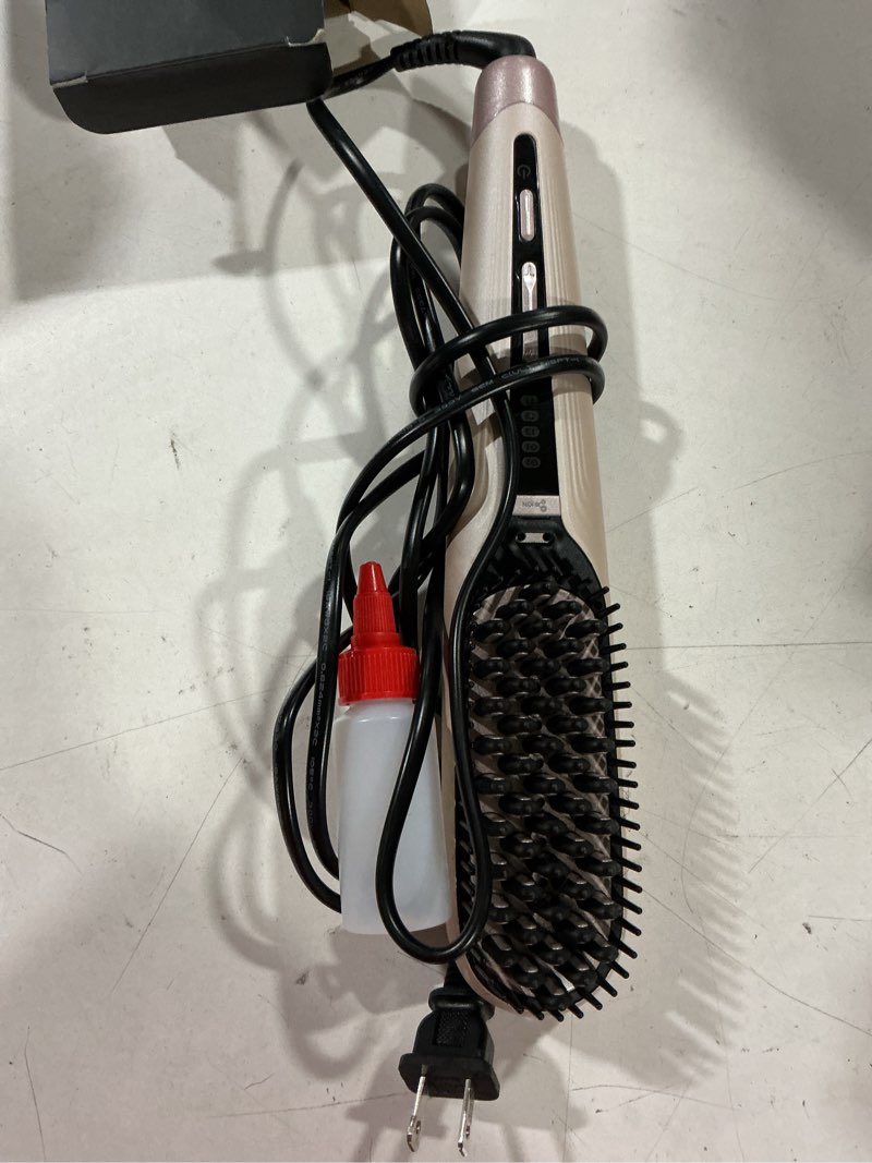 Condition photo showing Good Condition for tome steam hair straightener brush, anti scalding design 2 steam levels, 3 heat settings, fast styling steam brush with less heat damage, anti-frizz 100-240 dual voltage pink