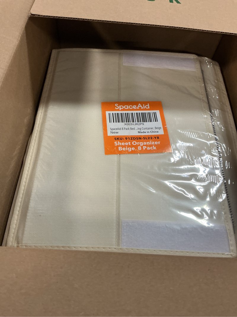 Condition photo showing As Is for SpaceAid 8 Pack Bed Sheet Organizers and Storage, Foldable Sheet Organizer for Linen Closet, Sheets Set Folder Keeper with Window XL (Queen & King Size) Bedding Container (Beige, 8 Pack) 8 Pack Beige