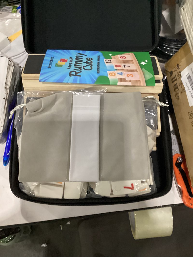Condition photo showing New/Like New for rummy cube game, 6-8 players, 214 tiles, 8 wooden holders | melamine tiles, portable travel case, drawstring bag & dice included, great for holiday gatherings, adults & kids 214 tiles + 8 holders