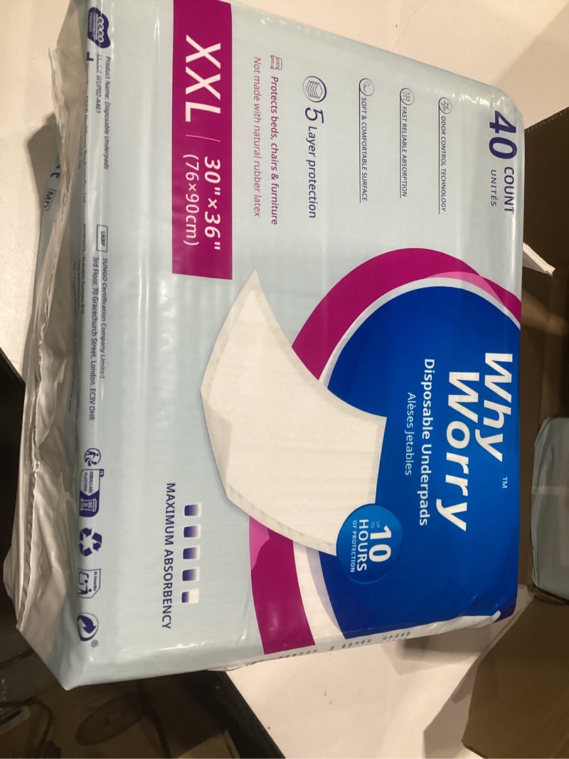 WhyWorry disposable underpads, 40 count, xxl, 30x36, SIMILAR TO STOCK PHOTOS, 2 pack