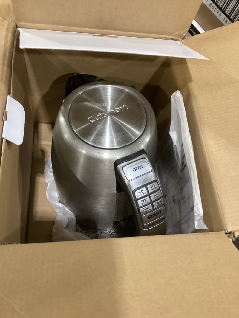 Condition photo showing As Is for cuisinart perfectemp 1.7-liter electric kettle, cordless electric tea kettle, 1500w for fast heat-up, 6 preset temperatures, 30-minute keep warm, stay cool nonslip handle, cpk-17p1 stainless steel perfectemp