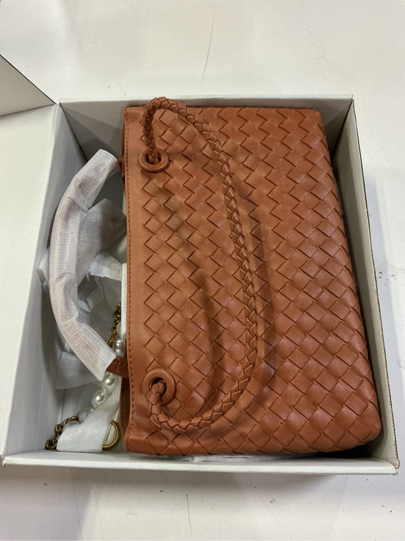 Condition photo showing Good Condition for woven tote bag for women with removable pearl chain vegan leather woven purse medium top-handle handbags designer bags | softly woven leather, retro golden bowknot, remov. pearl bunch, 4 pockets