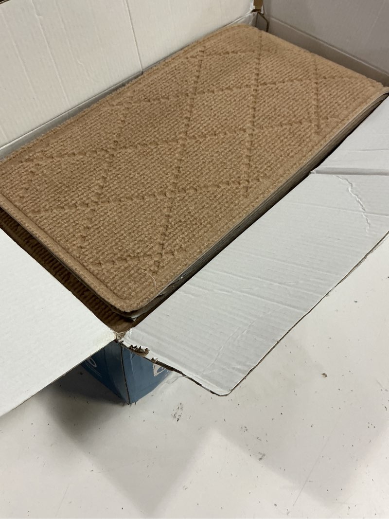 Condition photo showing Good Condition for stair treads for wooden steps indoor, 15 pack 8" x 30" non slip carpet stair treads with reusable adhesive for kids elders and dogs, surface polyester tpr backing stair rugs, beige 8" x 30" beige 15