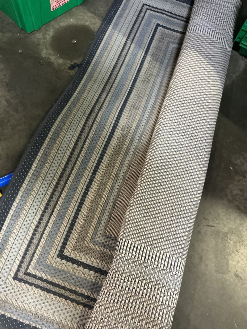 Condition photo showing As Is for allen + roth, outdoor collection 5x7 navy indoor/outdoor border coastal area rug
