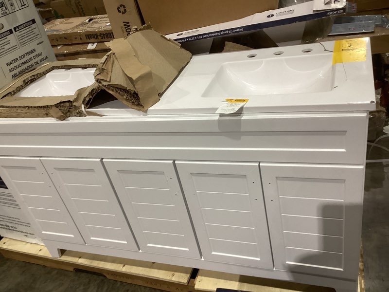 Condition photo showing As Is for 40+ bought last week style selections kirkman 60-in true white double sink bathroom vanity with white cultured marble