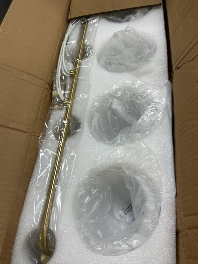 Condition photo showing Good Condition for brushed gold 4-light vanlity light over mirror,wall sconces,gold brass bathroom light fixture with milk white glass flower shade,e26(bulbs not included) 4-light gold brass+white