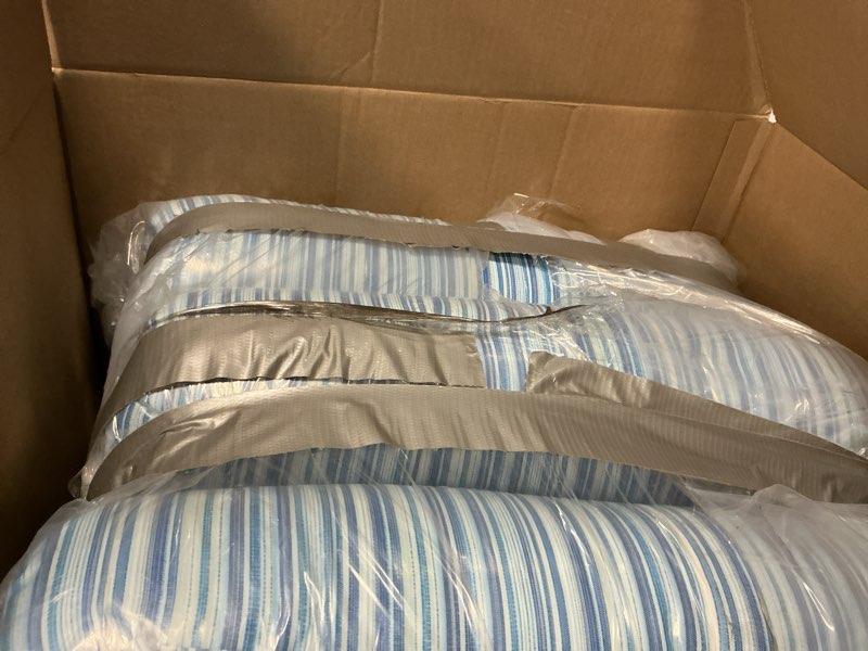 Condition photo showing Good Condition for marsui 4 pcs outdoor indoor high back chair cushions patio furniture tufted pillow with ties water-resistant replacement outdoor rocking chair cushions, 42 x 21 inches (blue stripes,stripes) 4 blue stripes stripes