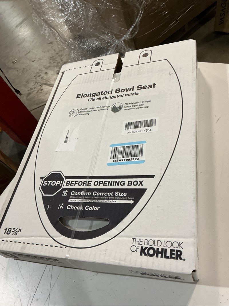 Condition photo showing New/Like New for kohler 4636-rl-0 cachet readylatch elongated toilet seat slow close, soft close toilet seat quiet lid, contoured grip-tight bumpers installation hardware, apartment essentials, white white elongated ready latch
