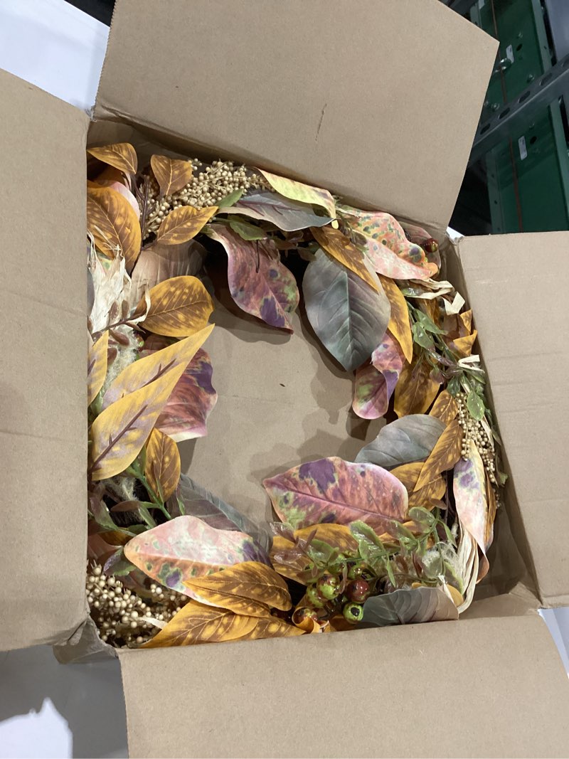 Condition photo showing Good Condition for Fall Wreath for Front Door - 22" Autumn Harvest Wreaths Artificial Farmhouse Wreath with Berries, Maple Leaves and Ear of Wheat Fall Decorations for Home Wall Indoor Outdoor Thanksgiving Decor