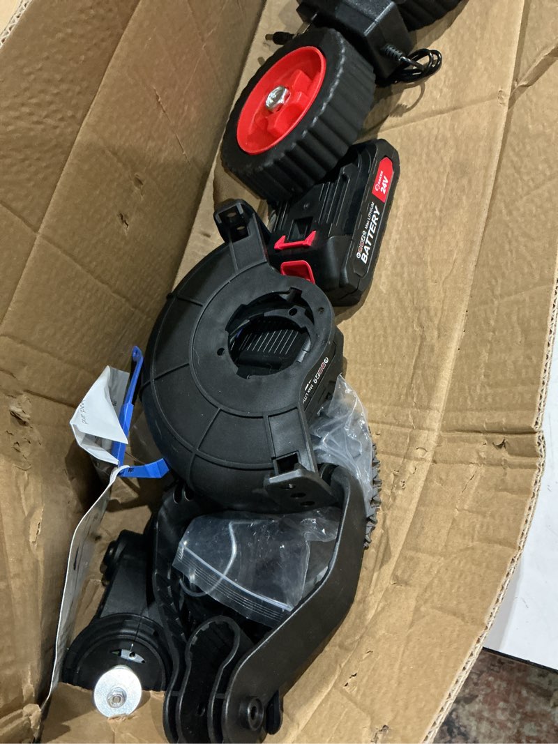 Condition photo showing As Is for sakerplus wireless weed cutter, 24v cordless electric grass trimmer weed eater wacker with 2 batteries, 3-in-1 lightweight brush cutter/lawn mower/edger with wheels for lawn, garden & yard(red)