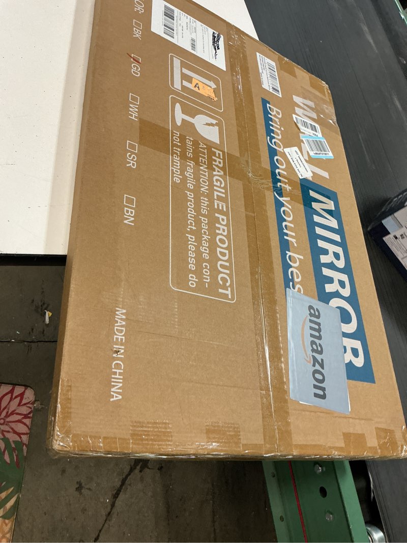 Condition photo showing New/Like New for GLSLAND 20x30 inch Arch Bathroom Mirror - Arched Bathroom Mirror/Wall Mounted Vanity Mirror - Arch Metal Frame Wall Mirror for Bathroom Bedroom Living Room, Gold Gold 30"L x 20"W