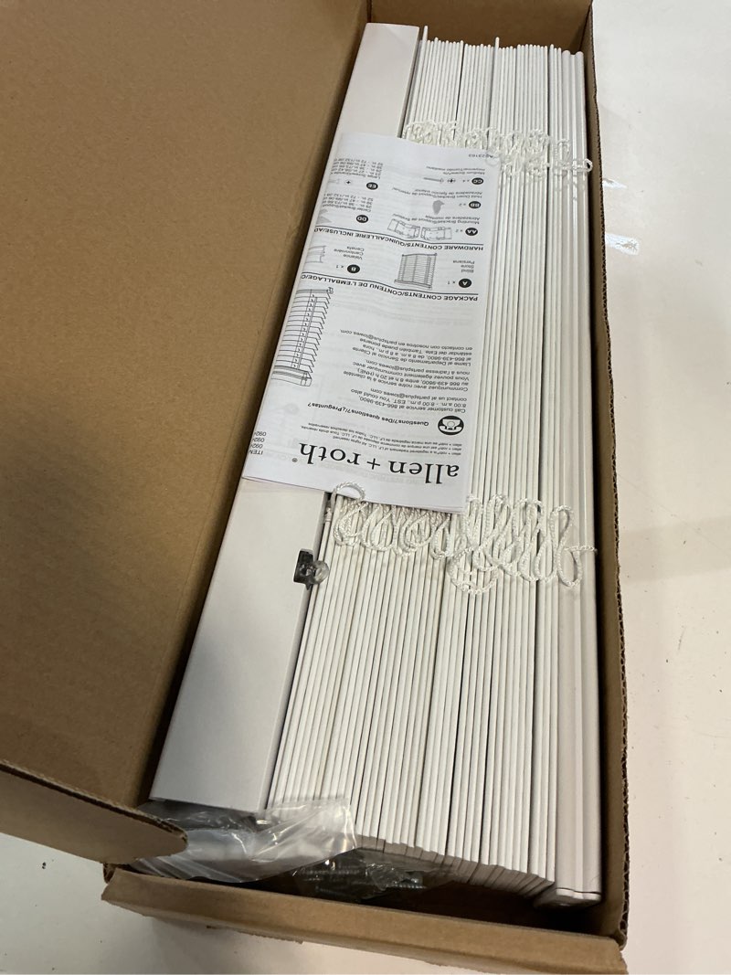 Condition photo showing New/Like New for allen + roth trim at home 2-in slat width 23-in x 72-in cordless white faux wood room darkening horizontal blinds