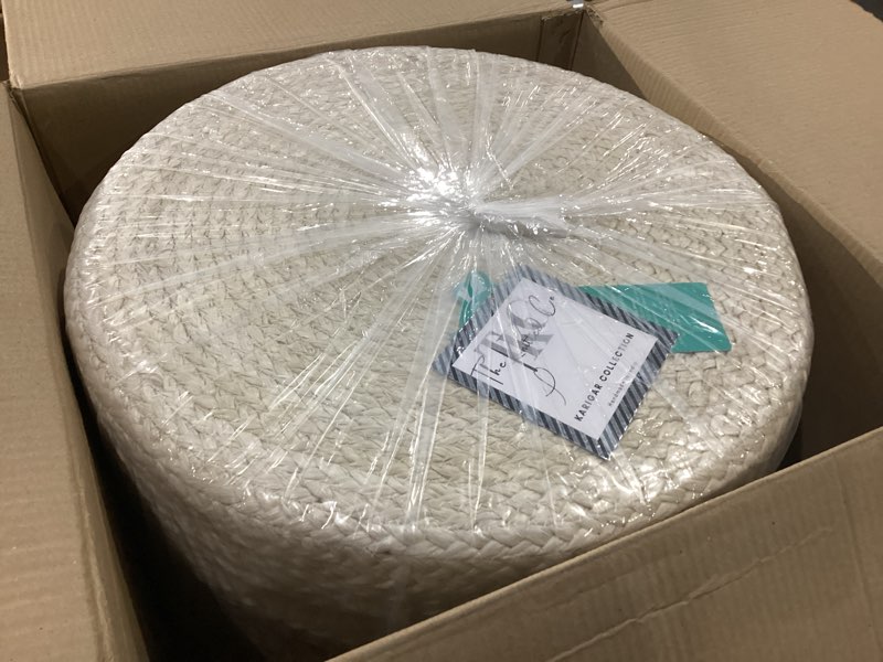 Condition photo showing New/Like New for jute pouf ottoman | footrest pouf | hand braided - round boho pouffe - for living room, bedroom, nursery (18"x18"x12") ivory ivory 18"d x 18"w x 12"h
