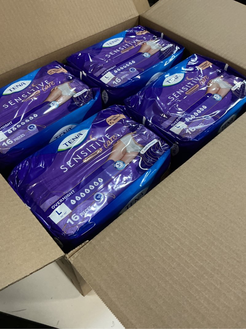 Condition photo showing New/Like New for (Size:L)TENA Sensitive Care Overnight Incontinence Underwear for Women, Bladder Control, Postpartum, L, 64 Count (Waist size 32in-42in)