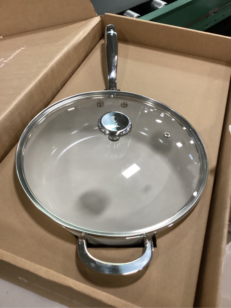 Condition photo showing As Is for Redchef Ceramic Saute Pan with Lid, Nonstick Deep Frying Pan, 5QT Jumbo Cooker with Helper Handle & Lid, Non Toxic Ceramic Cooking Pan, Chef Pan, Dishwasher & Oven Safe, PFAS PFOA & PTFE Free Beige