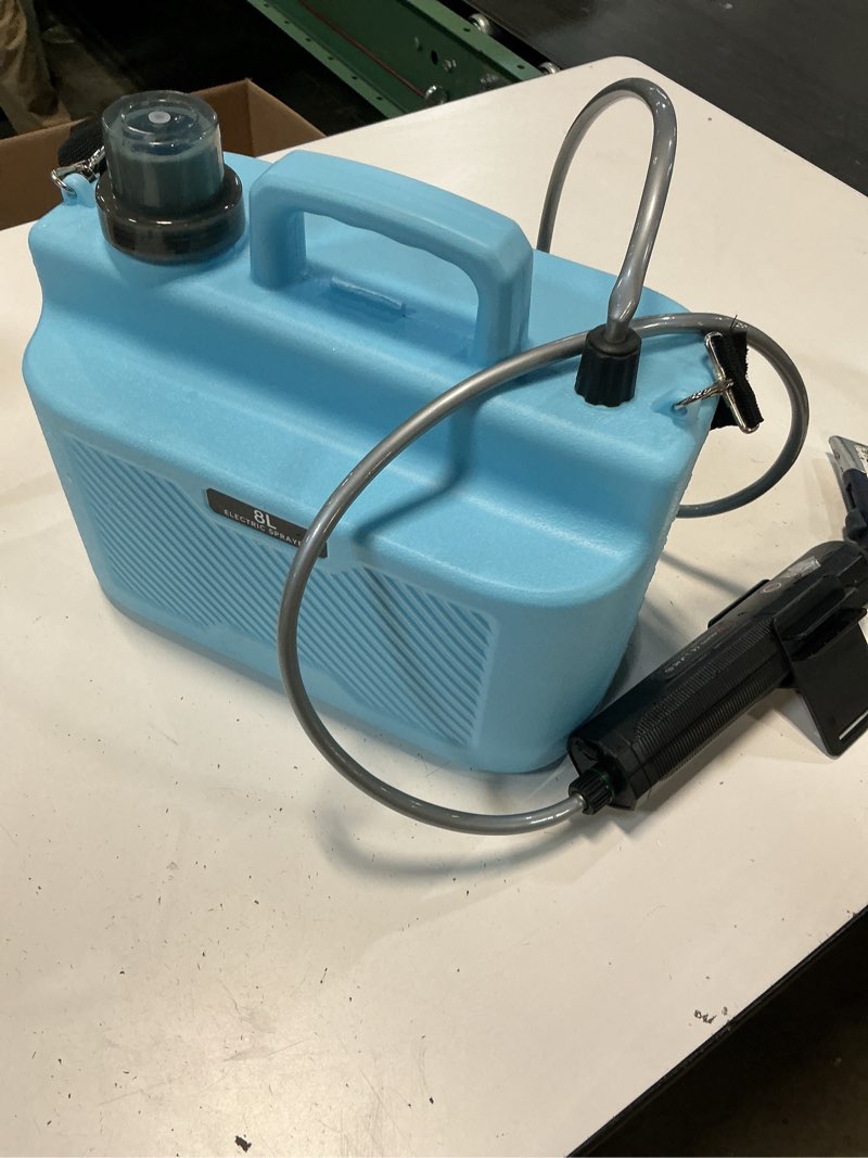 Condition photo showing As Is for battery powered sprayer 2 gallon, rechargeable electric garden sprayer with 3 speeds displayed, battery indicator, 4 mist nozzles, retractable wand, adjustable shoulder strap for lawn yard and garden