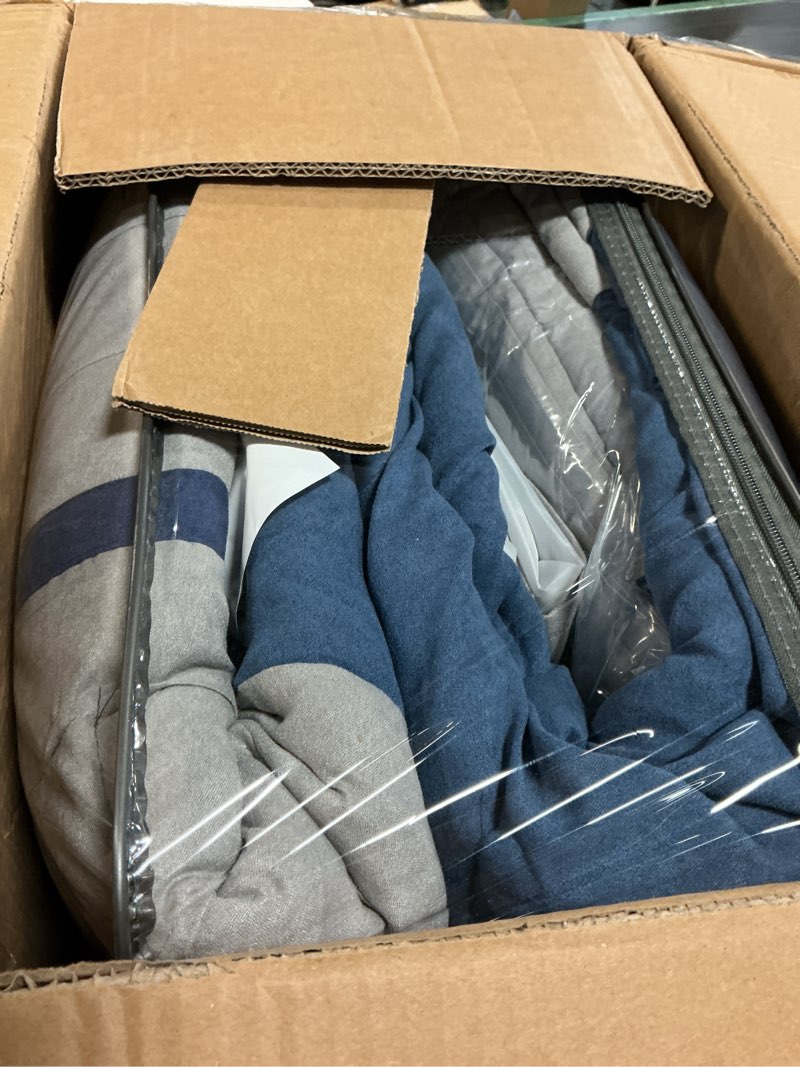 Condition photo showing Good Condition for madison park palmer comforter set-luxury faux suede design, striped accent, all season down alternative bedding, matching shams, decorative pillow, bed skirt, king (104 in x 92 in), blue 7 piece blue king (104 in x 92 in)