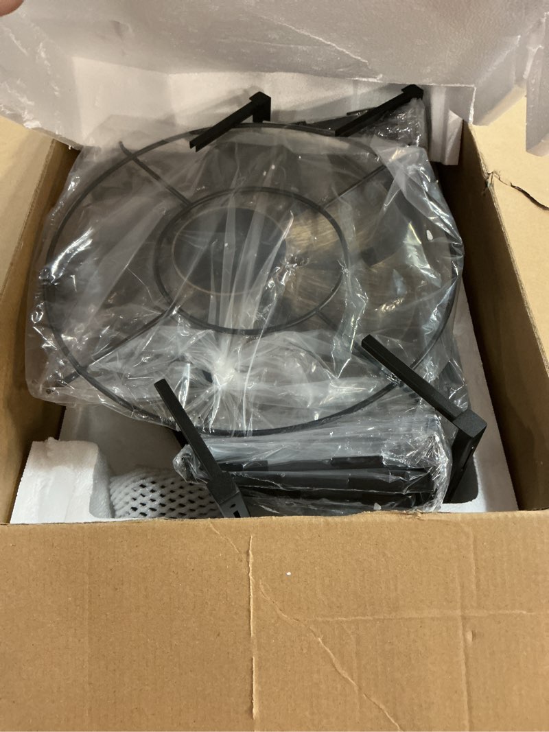 Condition photo showing Good Condition for Passky 20" Farmhouse Flush Mount Ceiling Fans with Lights and Remote, Industrial Black Caged Low Profile Fandelier, 6 Speeds Bladeless Ceiling Fan for Bedroom, Kitchen, Living Room Black Brushed Gold