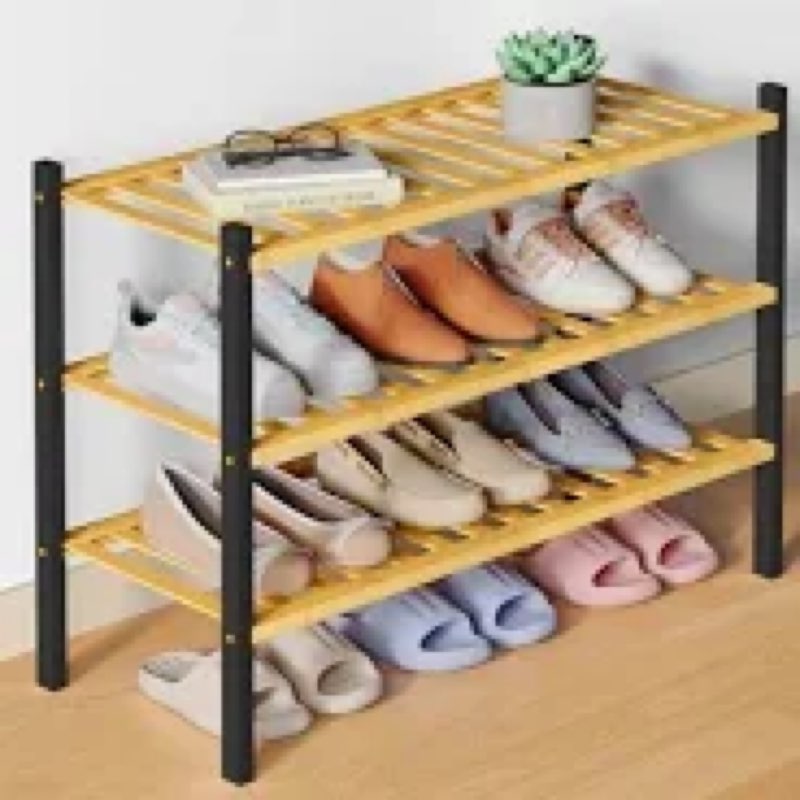 smiry bamboo shoe rack for closet, 3 tier wooden stackable shoe organizer, free standing shoes stora