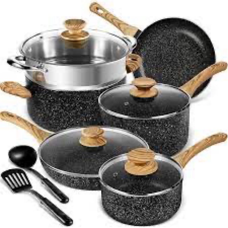 10pcs pots and pans set,nonstick cookware set kitchen cooking set,non-toxic healthy ceramic inductio blank and brown 