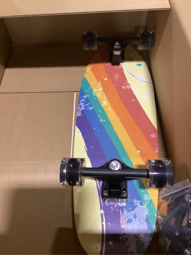 Condition photo showing As Is for Nattork Complete Kid Skateboards 29" x 9" Youth Cruiser Skateboard for Beginners Double Kick Deck Concave Girls or Boys Skateboard Rainbow