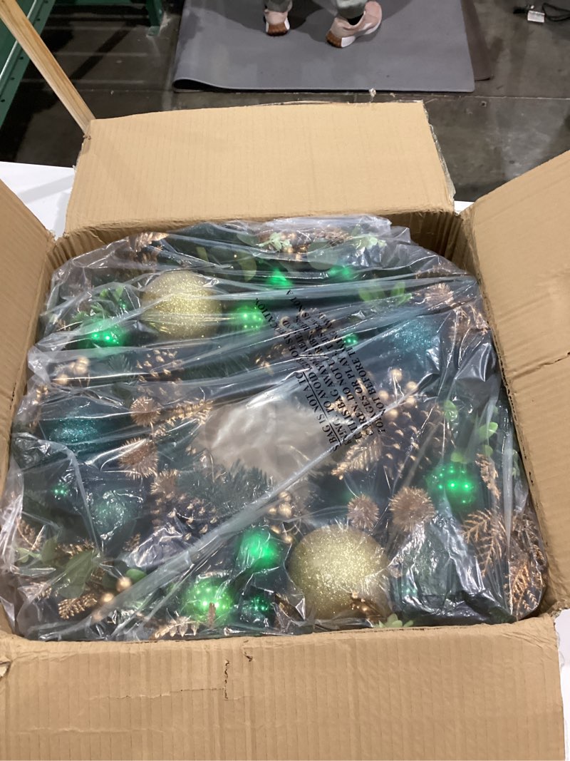 Condition photo showing New/Like New for 24" Christmas Wreath for Front Door Artificial Christmas Wreaths with Green Ball Ornaments Berries Pine Cones Norfolk Pine Needles Cedar Decor for Home Porch Wall Window Indoor Outdoor Xmas Decoration Christmas Ball Ornament Wreath