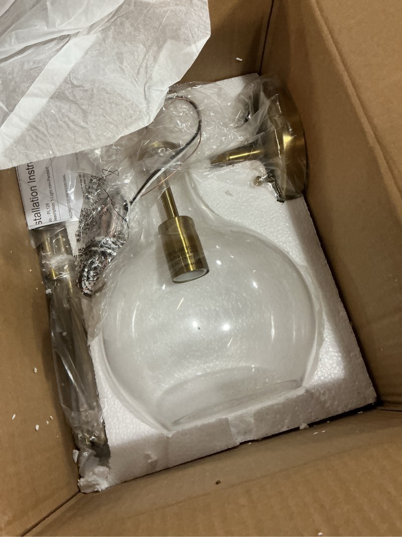 Condition photo showing Good Condition for Emak Modern Brushed Gold Pendant Light, 8 Inch Pendant Lights Kitchen Island with Clear Glass Shade, Modern Hanging Light Fixture for Kitchen, Bathroom, Bedroom, Dining Room, PL125-BGD Brushed Gold - 1PC