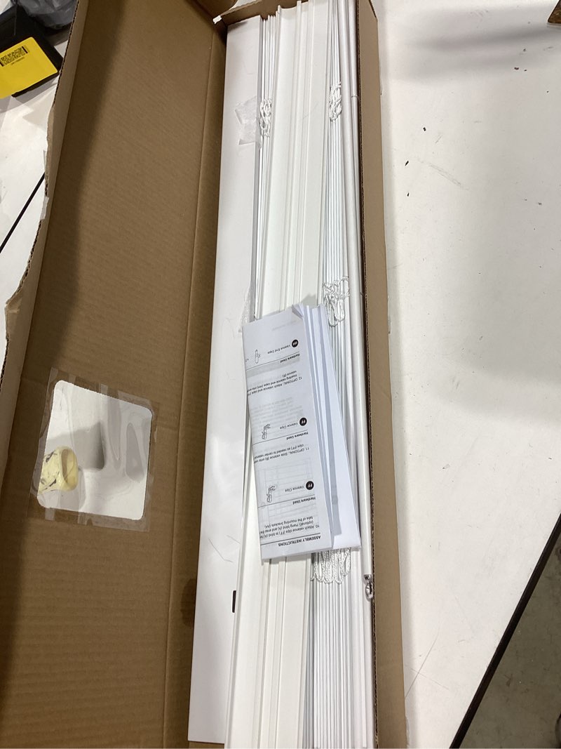 Condition photo showing Good Condition for allen + roth trim at home 2-in slat width 29-in x 64-in cordless white faux wood room darkening plantation blinds