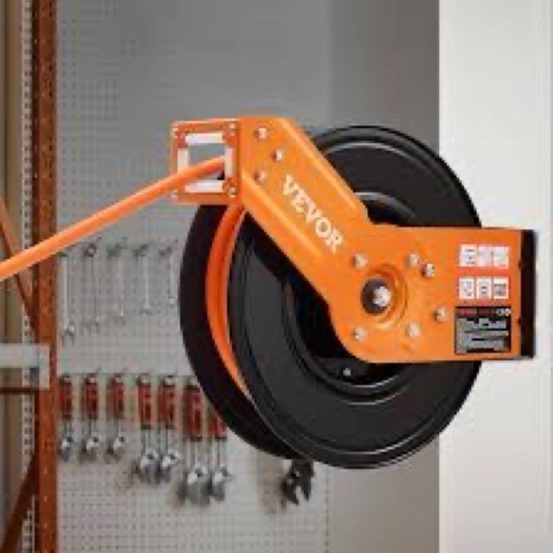 vevor retractable air hose reel, 3/8in x 50ft rubber air hose max 300psi, air compressor hose reel auto-rewind with 5ft lead in, ceiling/wall mount heavy duty single arm reel & 180° swivel bracket