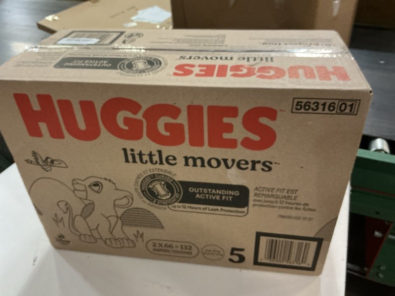 Condition photo showing New/Like New for huggies size 5 diapers, little movers baby diapers, size 5 (27+ lbs), 132 count (2 packs of 66), packaging may vary size 5 132