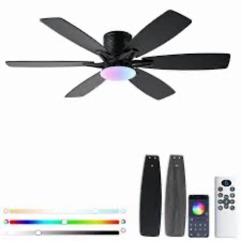 JSAITEE Ceiling Fans with Lights, 52Inch Low Profile Ceiling Fan with Light and Remote/App Control, 