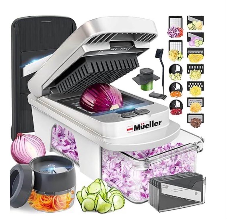 Mueller Pro-Series All-In-One, 12 Blade Mandoline Slicer For Kitchen, Food Chopper, Vegetable Slicer And Spiralizer, Cutter, Dicer, Grater, Kitchen Gadgets Sets With Container, White Sand/Gray - Tamaño 12 Blade - Color White Sand/Gray