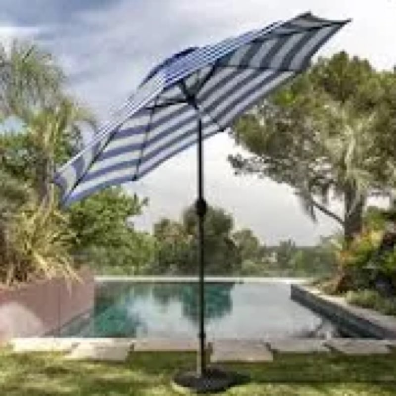 patiokingdom 9ft patio umbrella outdoor with auto-tilt crank & 8 sturdy fiberglass ribs,market table umbrella for pool,backyard,deck and garden,blue white stripes