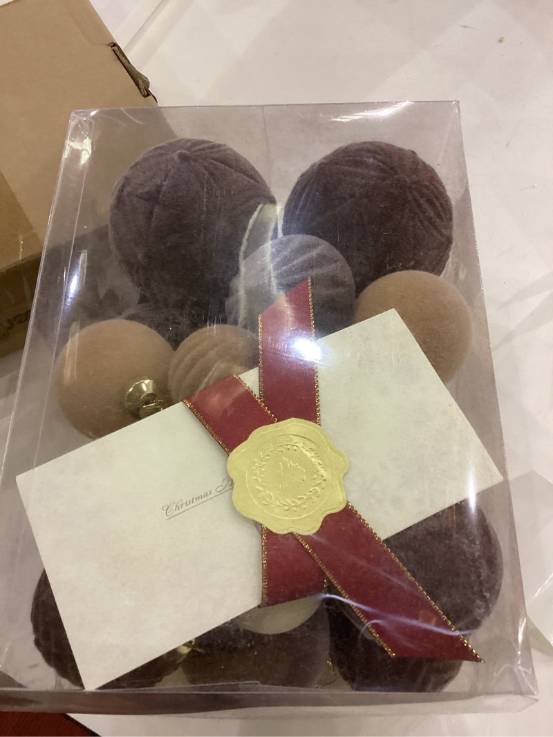 Condition photo showing New/Like New for 35PCS Velvet Christmas Ball Ornaments, Multi-Color Shatterproof Rustic Farmhouse Christmas Decoration Set, Large Vintage Hanging Ornaments for Xmas Tree, Wedding, Holiday, Party (Dark Brown)