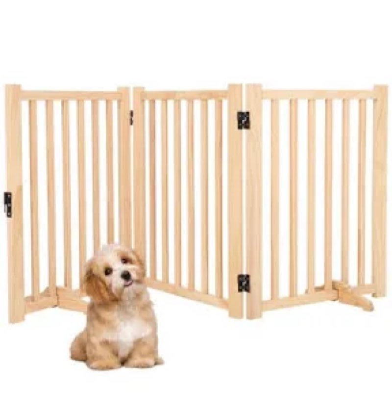 dog gates wooden pet gate freestanding dog fence for the house,collapsible wood dog gates for stairs,indoor dog gate for doorways,house pet gate for dogs,23.6"" height-4 panels, burlywood