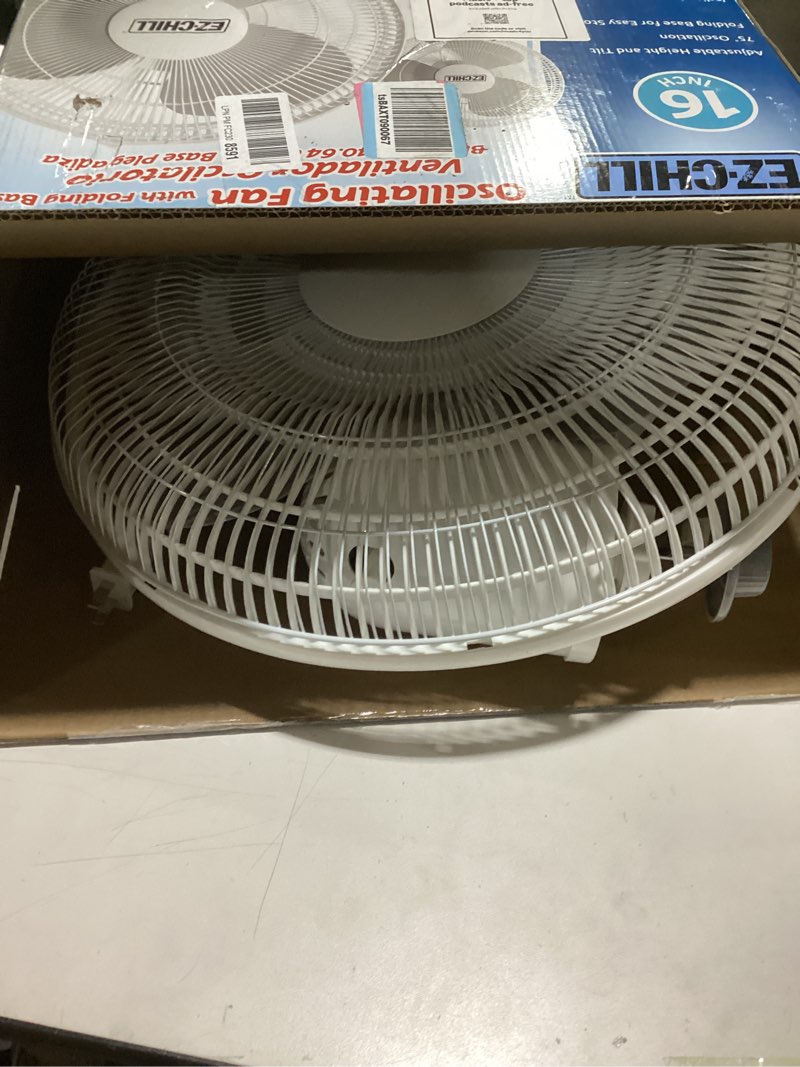 Condition photo showing As Is for EZ-CHILL 16” Oscillating Pedestal Fan, 3-speed Options, 90-Degree Oscillating Head, Adjustable Height and Tilt, Powerful Air Flow, White, MTSP15-16AZ