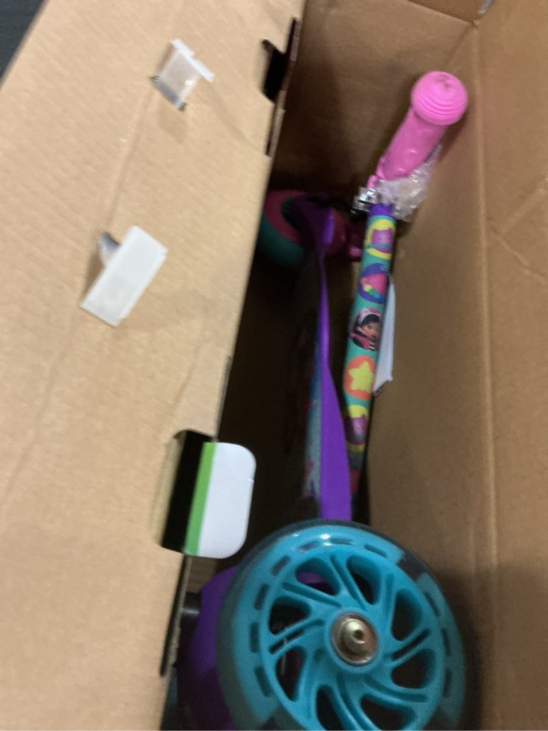 Condition photo showing As Is for self balancing kick scooter with light up wheels, extra wide deck, 3 wheel platform, foot activated brake, 75 lbs limit, kids & toddlers girls or boys, for ages 3 and up gabby's dollhouse