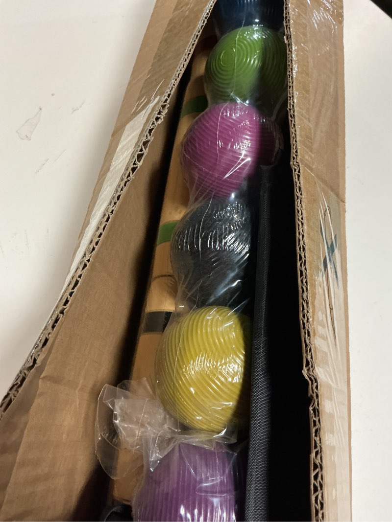 Condition photo showing As Is for 28in croquet party set for 8 players - made of long-lasting pine wood, family fun for backyards, camping and more, comes with colorful mallets, pe balls, wickets, stakes, and carrying bag burlywood