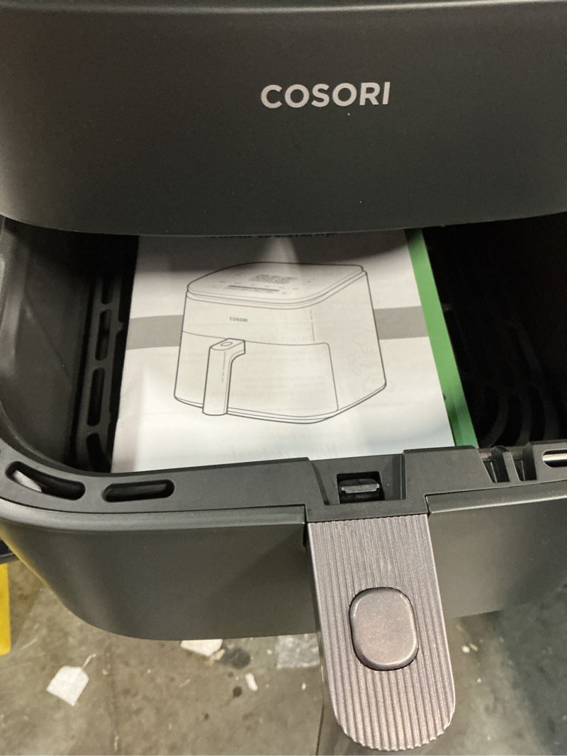 Condition photo showing As Is for Cosori 9-in-1 TurboBlaze Air Fryer 6 Qt, Premium Ceramic Coating, 90°–450°F, Precise Heating for Even Results, Air Fry, Roast, Bake, Broil, Dry, Frozen, Proof, Reheat, Keep Warm, 120V, Dark Gray Dark Gray 6QT Air fryer