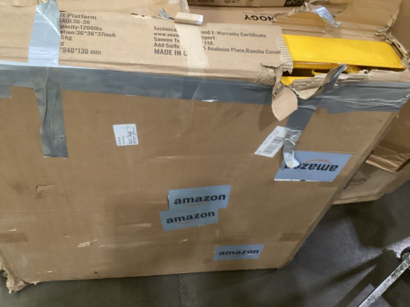 Condition photo showing As Is for vevor forklift man basket, 36 x 36 inches forklift safety cage work platform 1200 lbs load capacity, collapsible lift basket with 4 wheels device chain for aerial work lifting loader 36"x36" with wheels