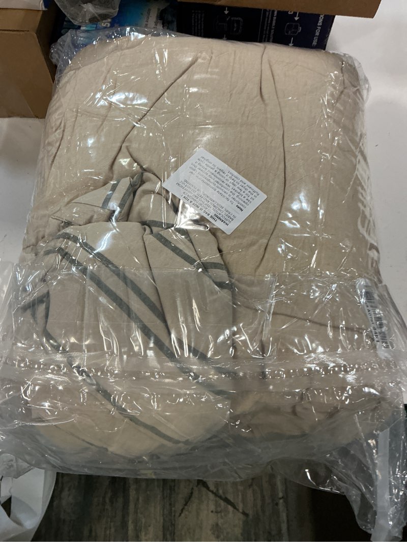 Condition photo showing As Is for cyusri cotton stripe queen comforter set - soft lightweight bedding 3 pieces dyed bed set with 2 pillow shams,reversible all season farmhouse down alternative(queen size 90"x90" beige) beige queen(90"x90")