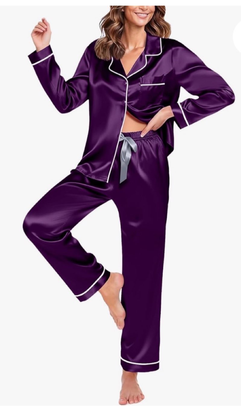 satynova women's silk satin pajama sets long sleeve,2 piece sleepwear with button down top and pants size xl