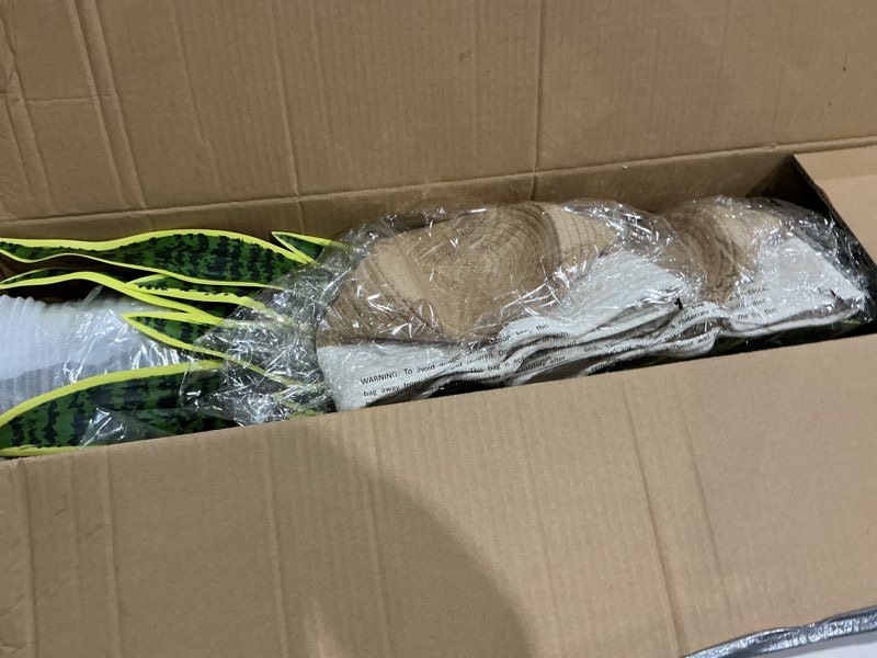 Condition photo showing New/Like New for 2 set large fake snake plant 35 inch sansevieria plant artificial snake plants in pots with woven basket faux mother in law tongue plant - 30 leaves fake laurentii for indoor outdoor home office decor 35 inch laurentii