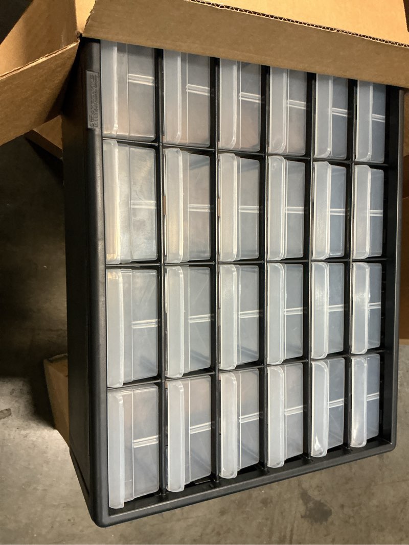 Condition photo showing New/Like New for akro-mils 24-drawer plastic drawer storage cabinet for garage organization, bead organizer, building bricks storage, teacher toolbox, makeup organizer, 20" w x 6" d x 16" h, 10724 black 24 drawer