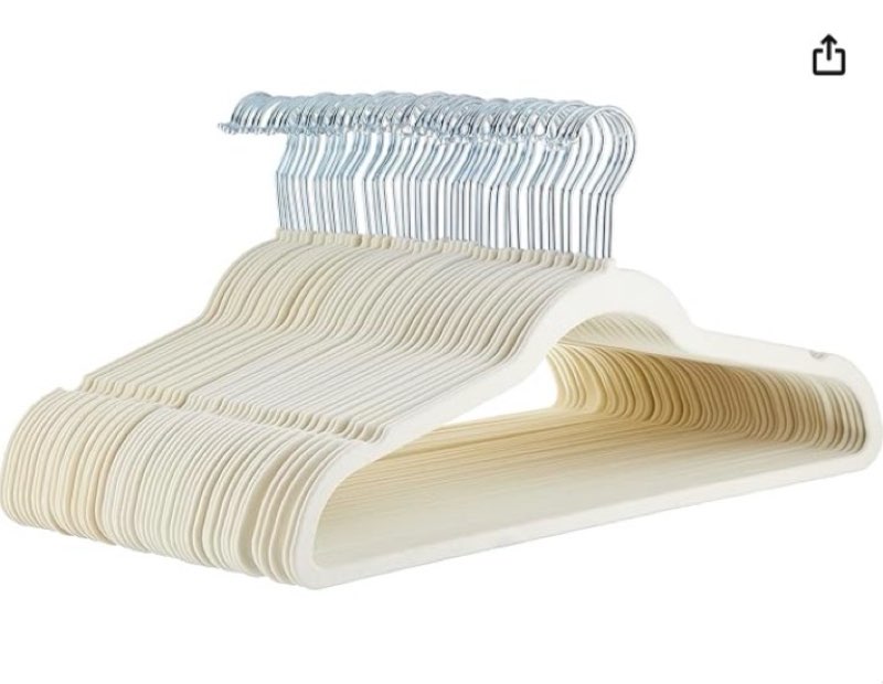 Amazon Basics Slim, Velvet, Non-Slip Sturdy Clothes Hangers, 50-Pack, Ivory/Silver