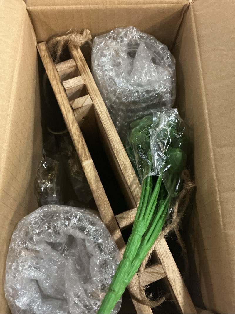 Condition photo showing New/Like New for rustic wall sconces, mason jar sconces, farmhouse home decor, led fairy lights, green fake plant, interior decoration warm toned lighting. (2 pack)