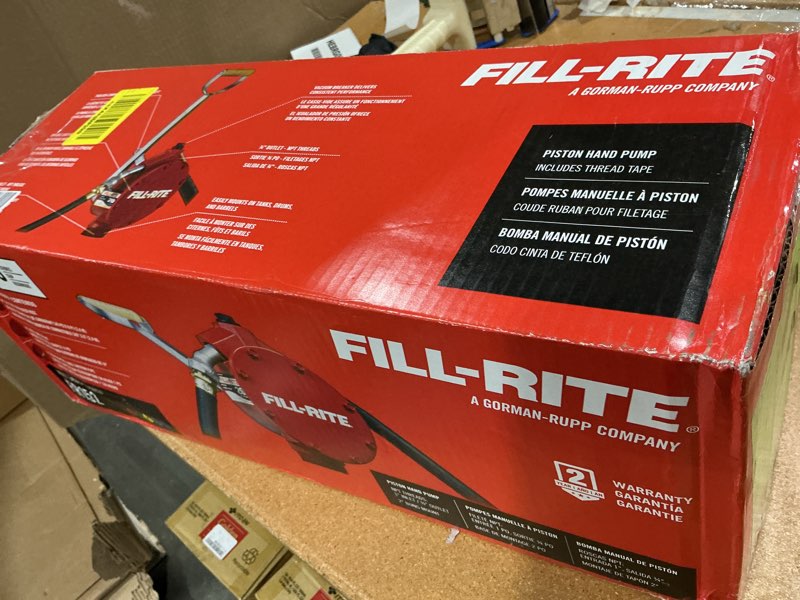 Condition photo showing New/Like New for fill-rite fr152 piston hand pump with hose & nozzle spout, red piston pump w/accessories
