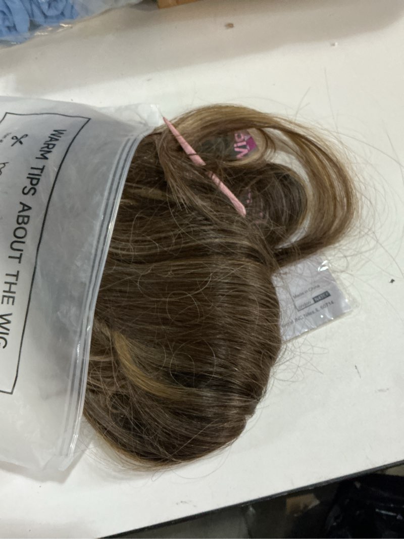 Condition photo showing Good Condition for eawwii wig with bangs for women brown blonde highlight straight face-framing layers hairstyle 4x4 realistic scalp glueless synthetic wigs medium length for everyday use brown blonde highlight medium